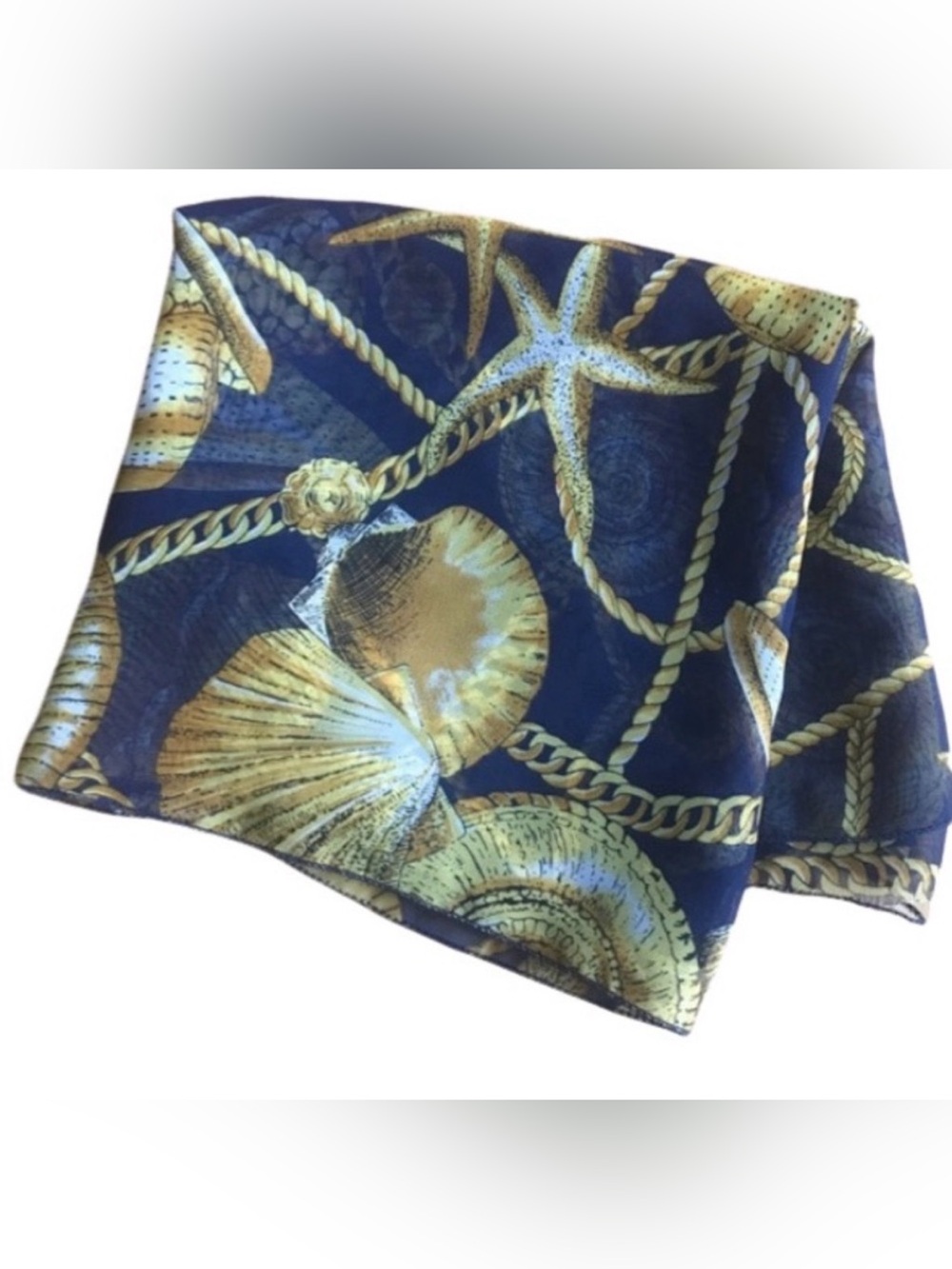 Nautical Scarf 16”x13” navy blue and gold seashells starfish rope tassel chain